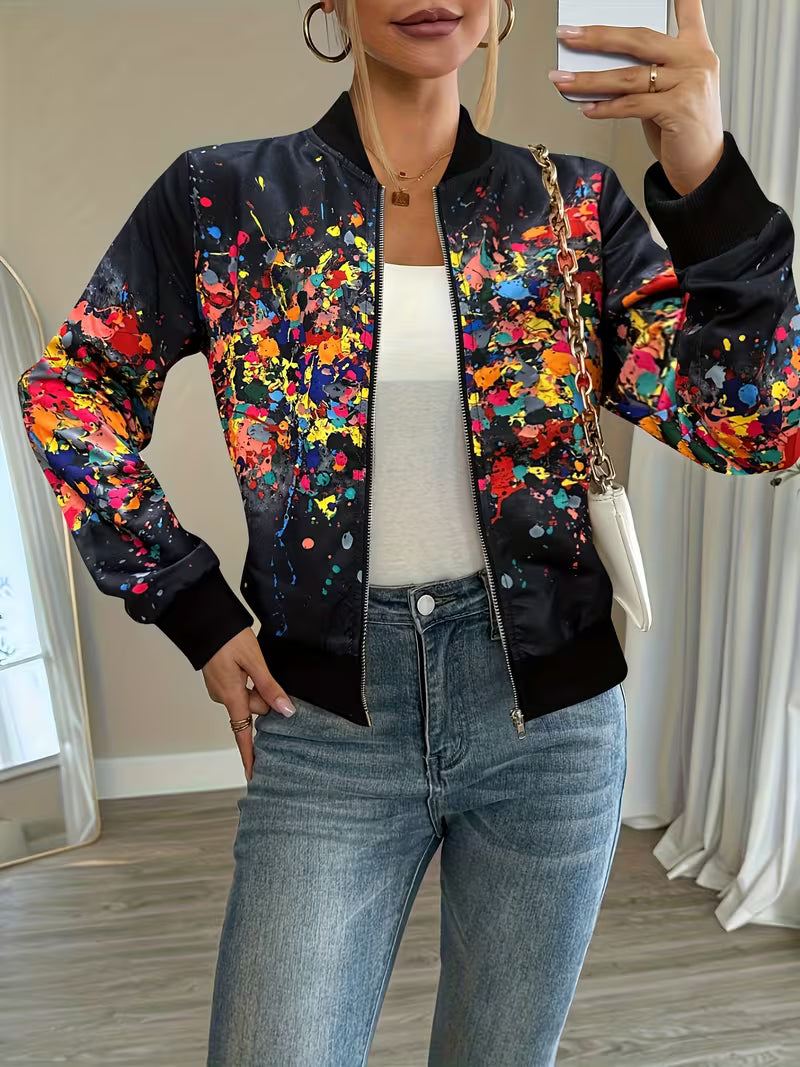 Deloova | Abstract Print Bomber Jacket with Zip Front