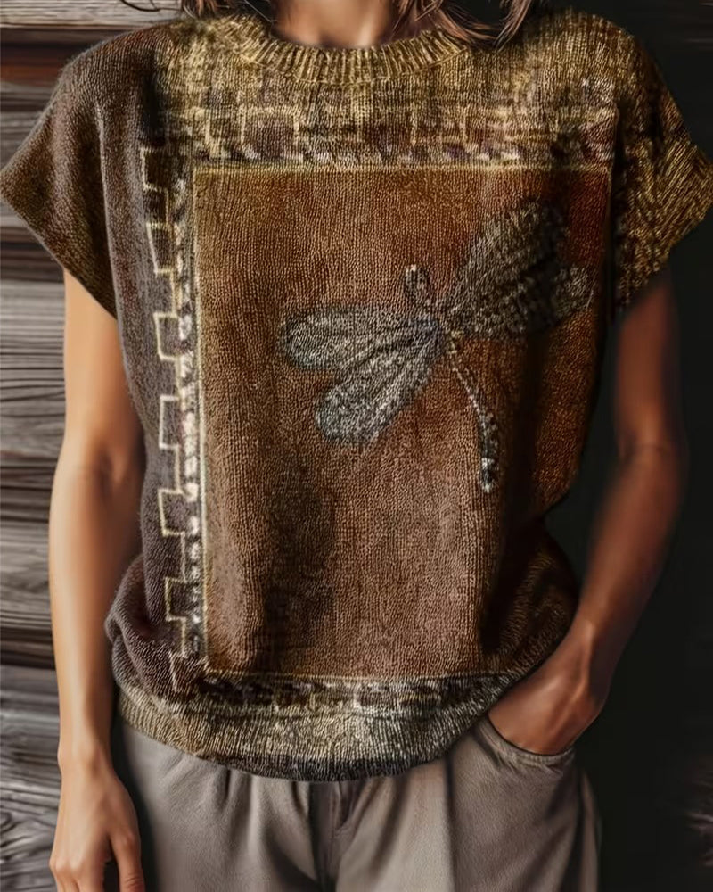 Dyniza - Dragonfly Print Short Sleeve Knit Sweater