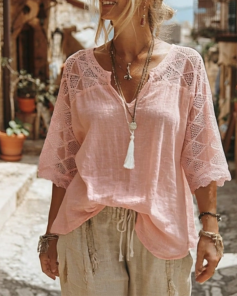 Essien - V Neck Lace Sleeve Loose Fit Blouse