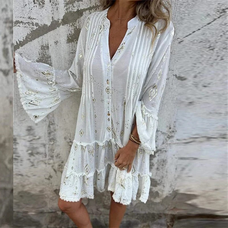 Gillian | Printed V-Neck Ruffle Dress