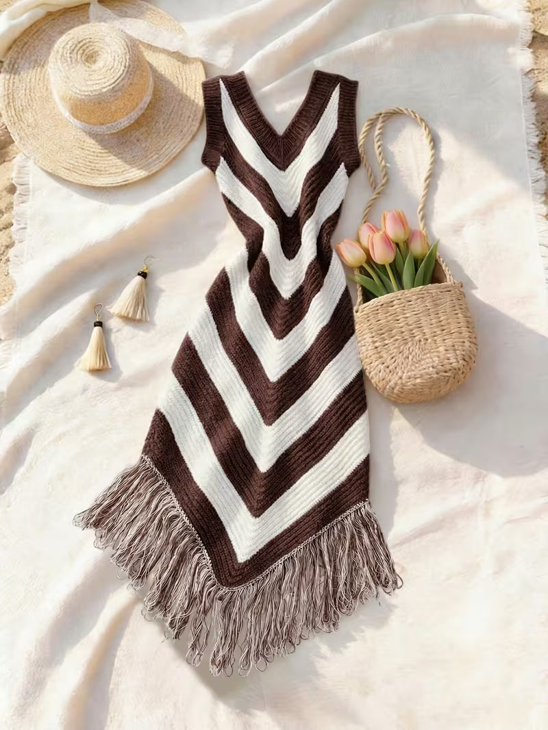 Foley | Sleeveless Chevron V-Neck Knitted Dress