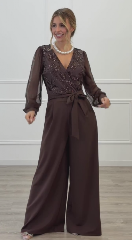 Meira - Embellished Mesh Sleeve Wide Leg Jumpsuit