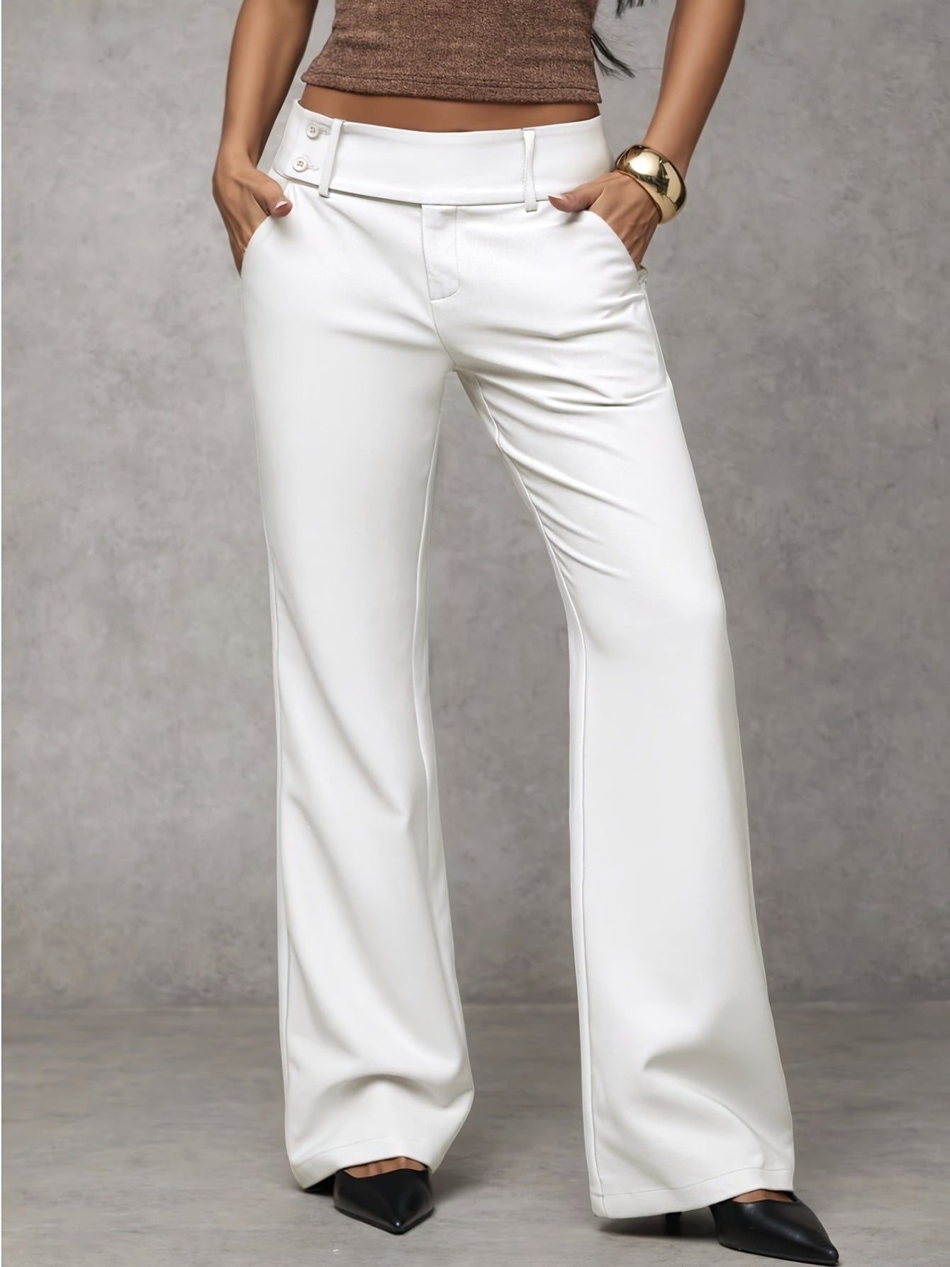 Akane - Wide Leg Trouser Pants With Button Detail