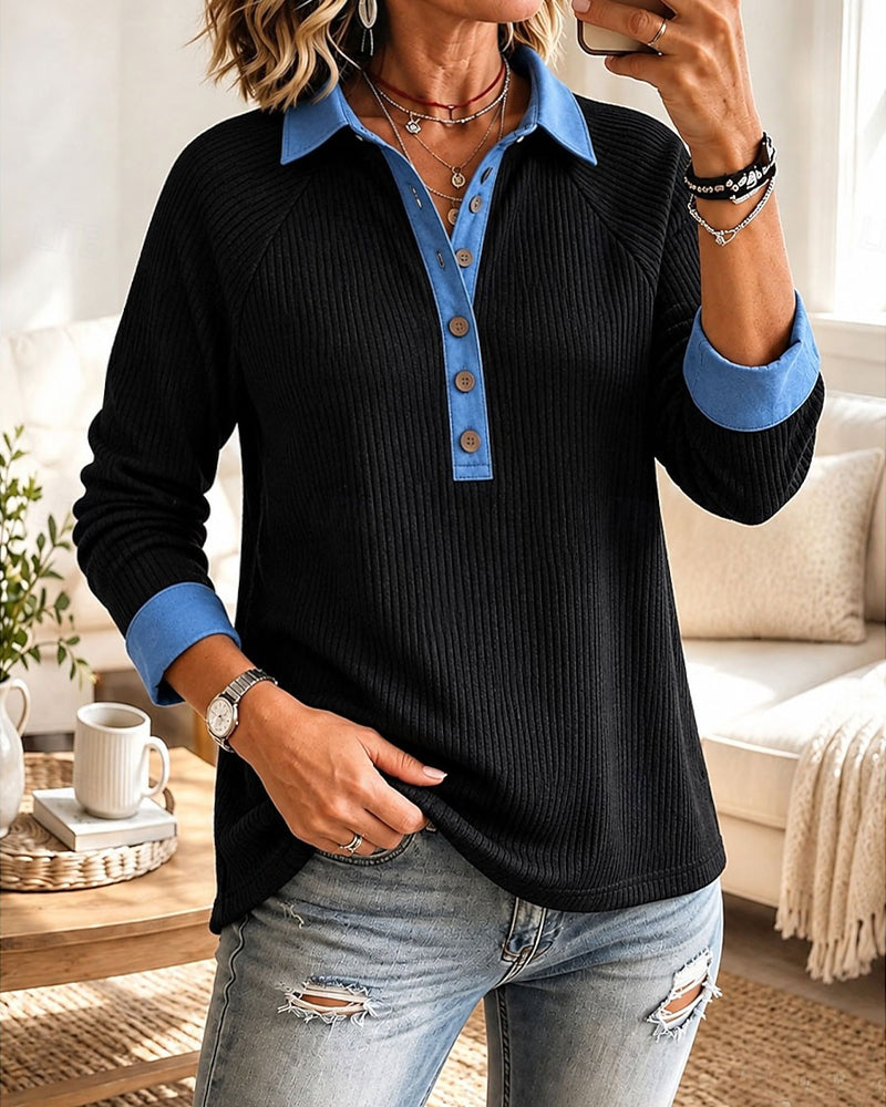 Klishina | Ribbed Knit Polo Top Long Sleeve
