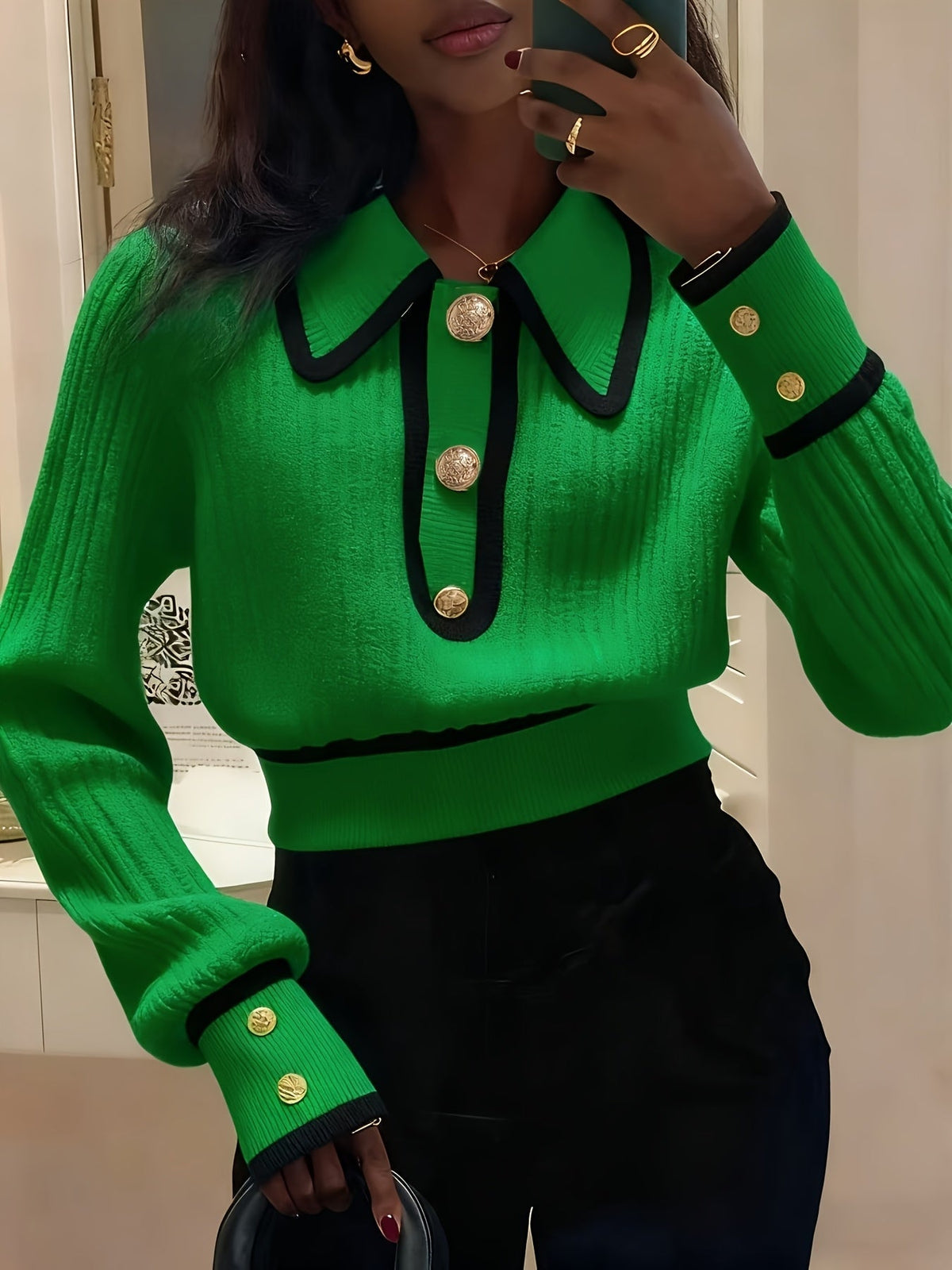 Roweina | Long Sleeve Contrast Trim Button Sweater