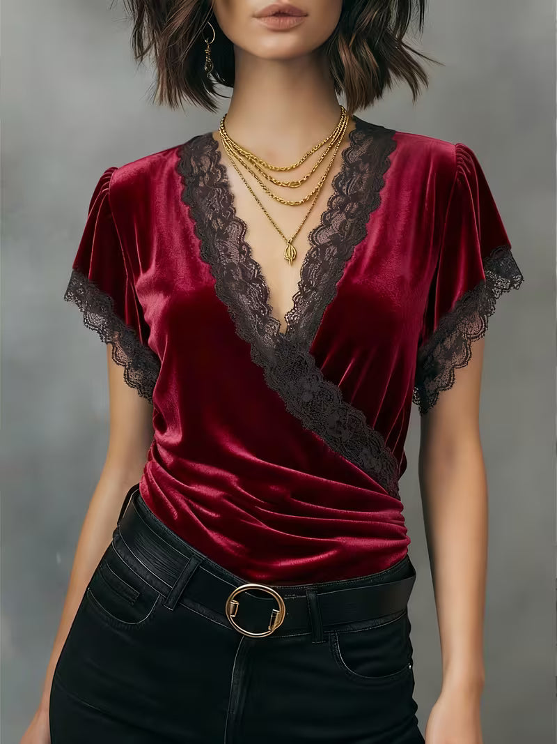 Jalisa | Velvet-Look Lace Trim Wrap Top