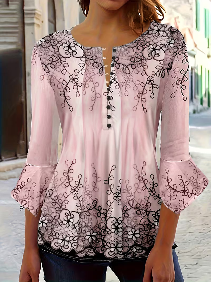 Mesley | Floral Print Round Neck Button Blouse