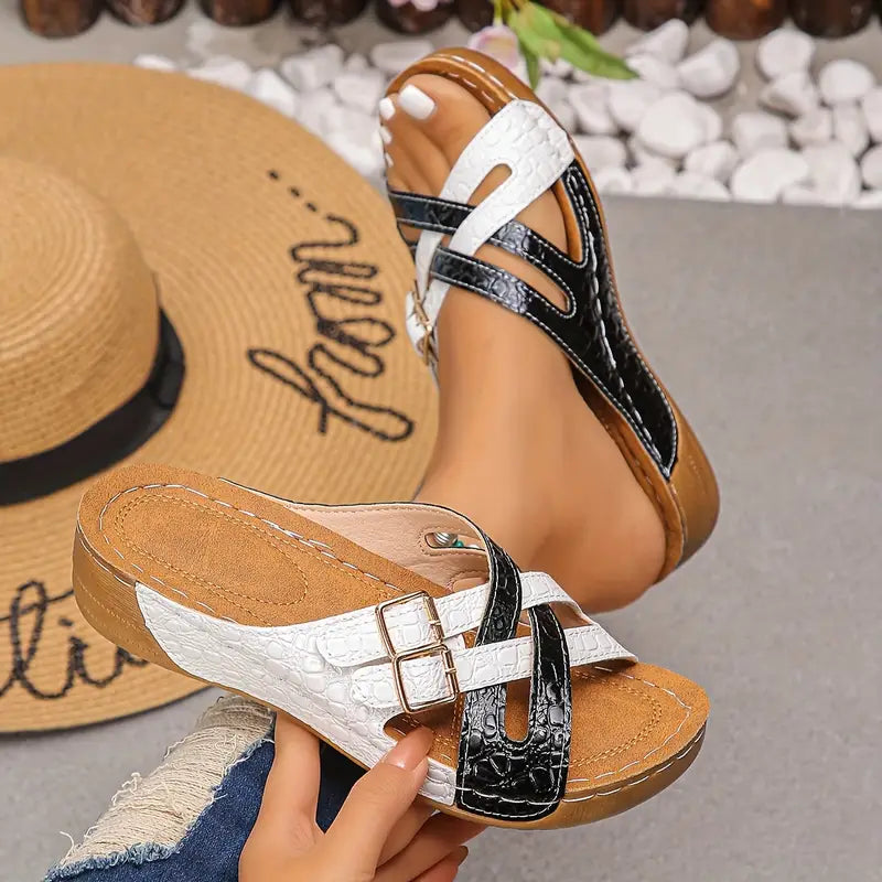 Deniza | Buckle Strap Slip-On Wedge Sandals
