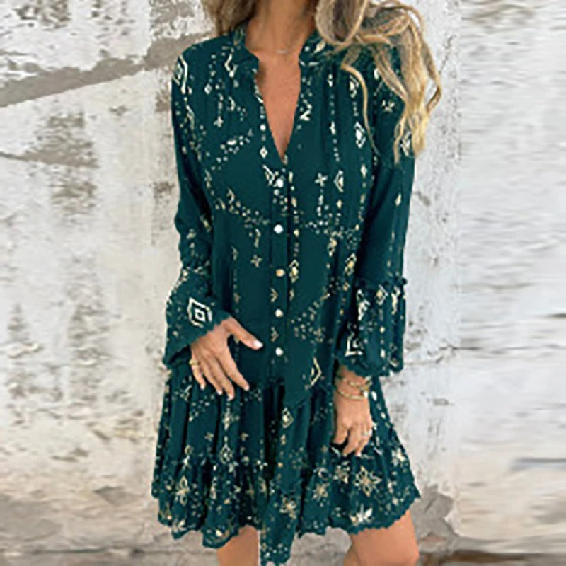 Gillian | Printed V-Neck Ruffle Dress