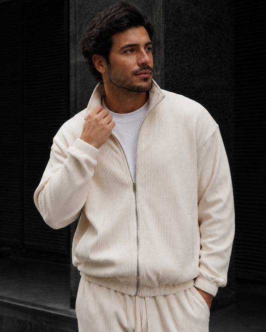 Thomsen | Tracksuit With Cream Ribbed Texture Stand Collar