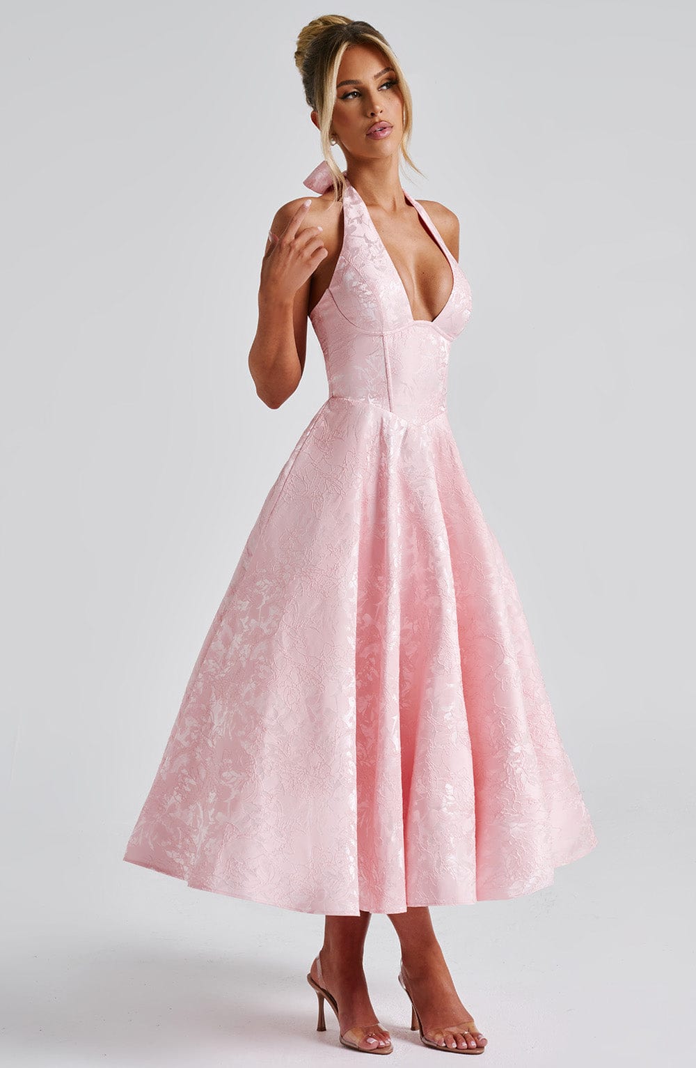 Myra | Halter Neck Jacquard Midi Dress