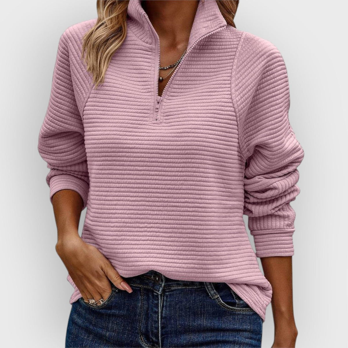 Emilavira | Ribbed V-Neck Sweater with Half Zip