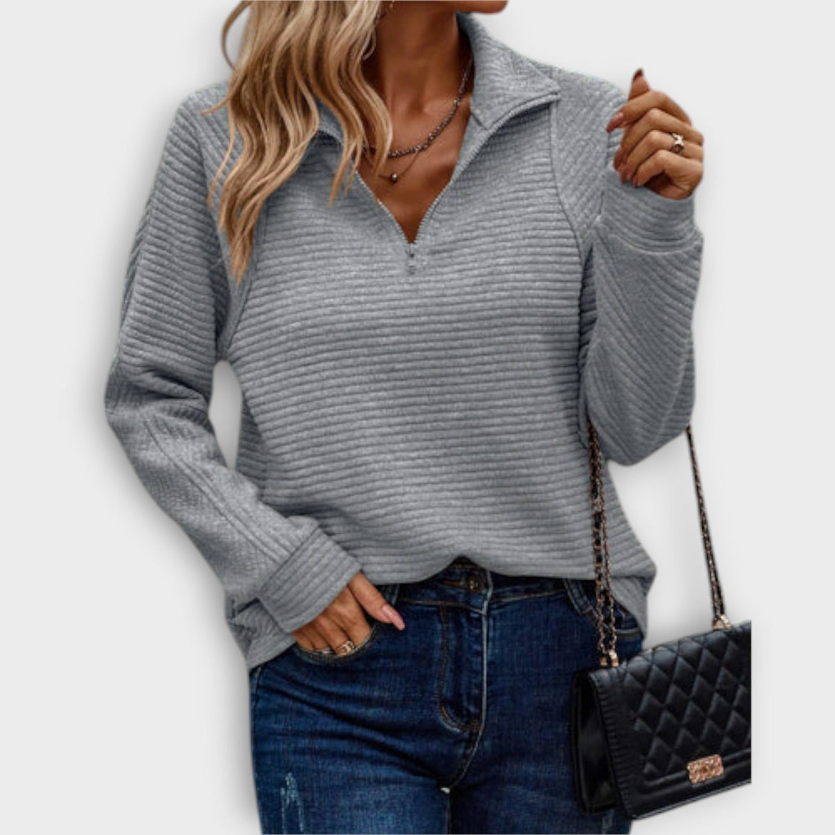 Emilavira | Ribbed V-Neck Sweater with Half Zip