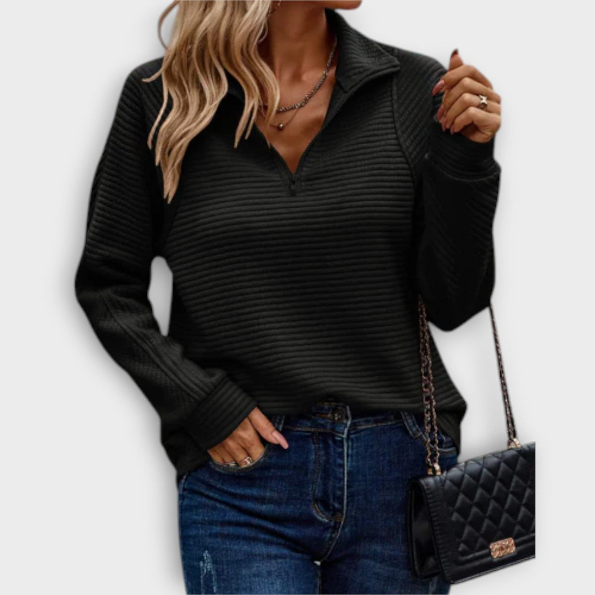 Emilavira | Ribbed V-Neck Sweater with Half Zip