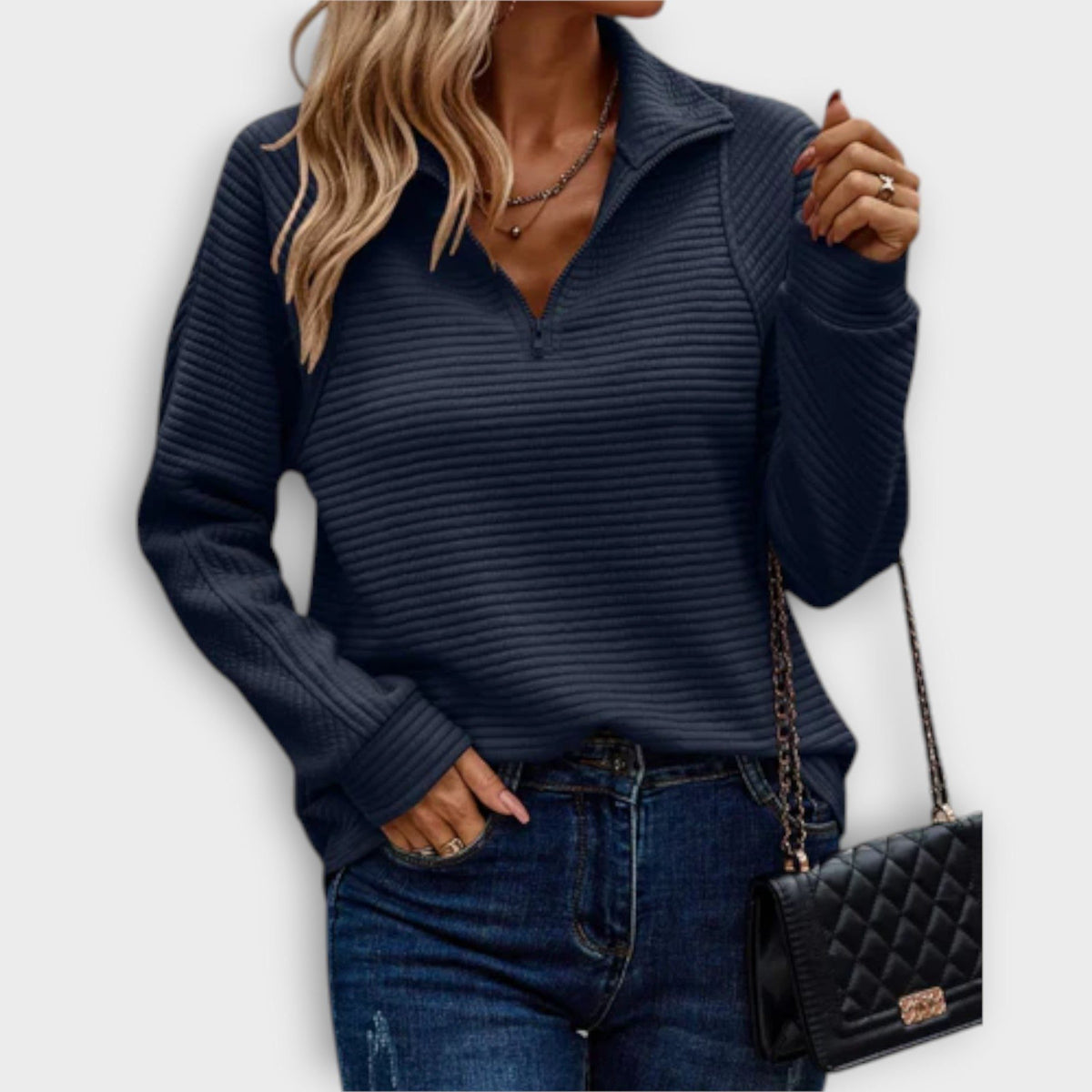 Emilavira | Ribbed V-Neck Sweater with Half Zip