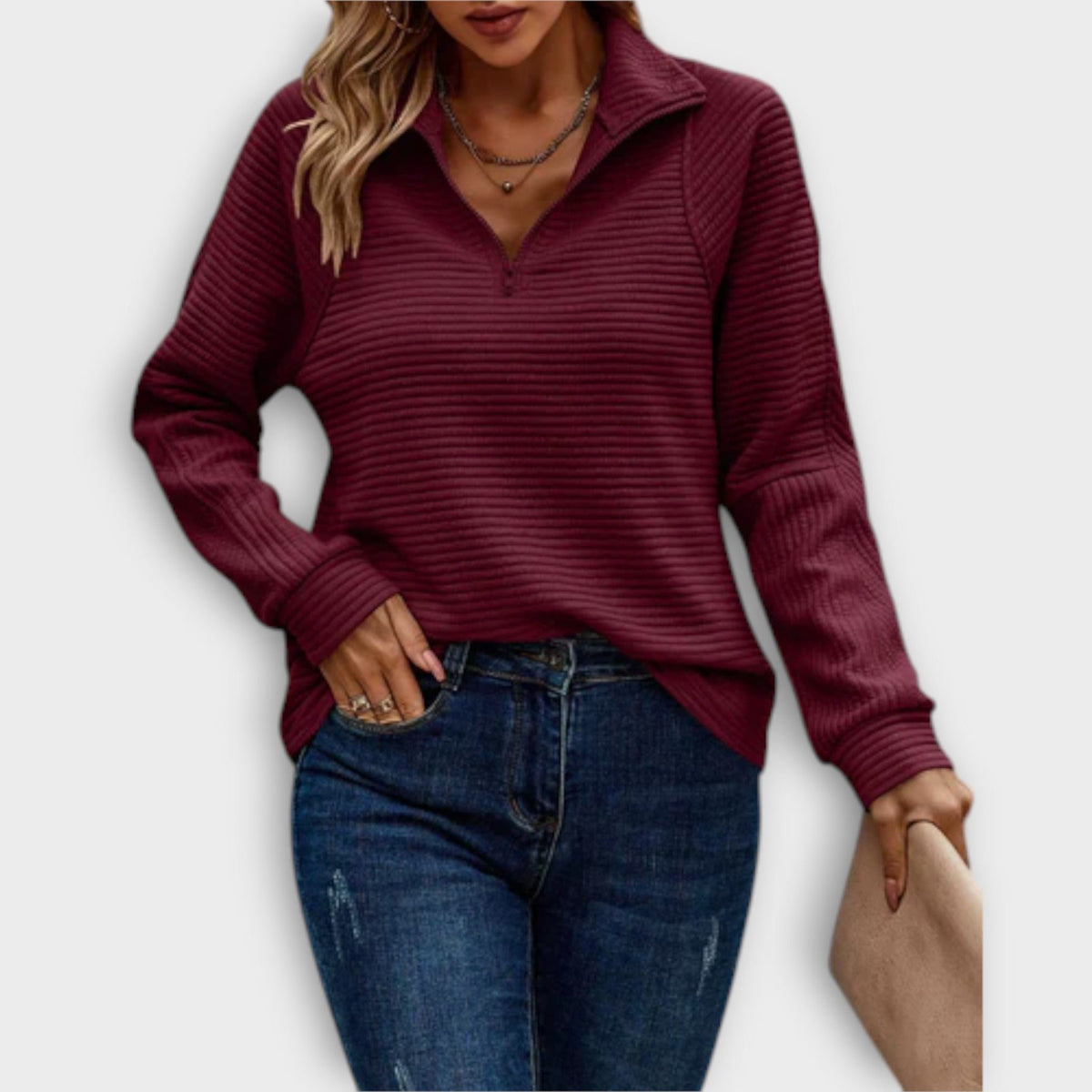 Emilavira | Ribbed V-Neck Sweater with Half Zip