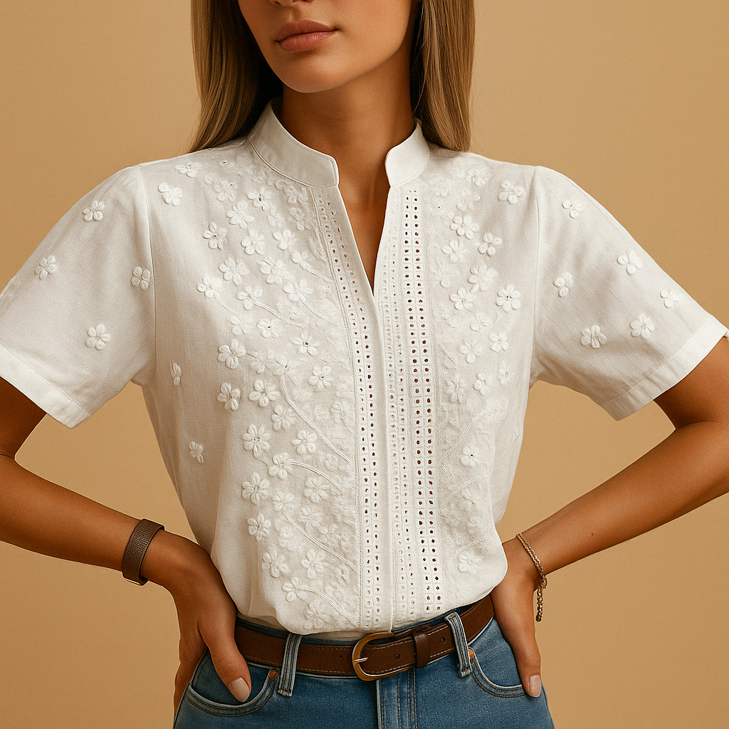 Leanaa - Floral Embroidered Short Sleeve Blouse