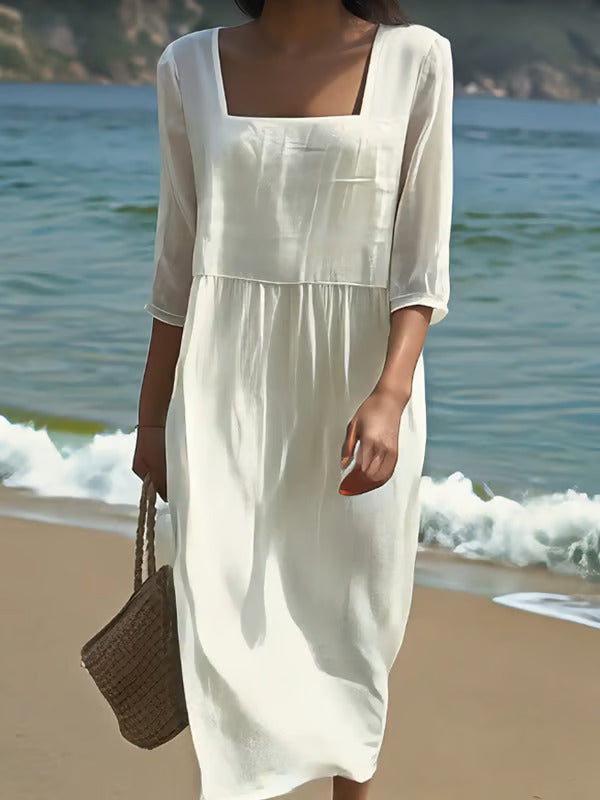 Odonnell - Square Neck White Midi Dress