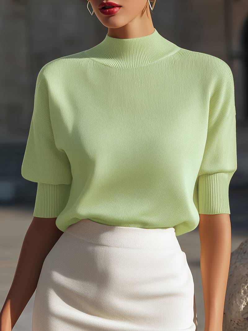 Jenni | Mock Neck Ribbed Short Sleeve Knit Top
