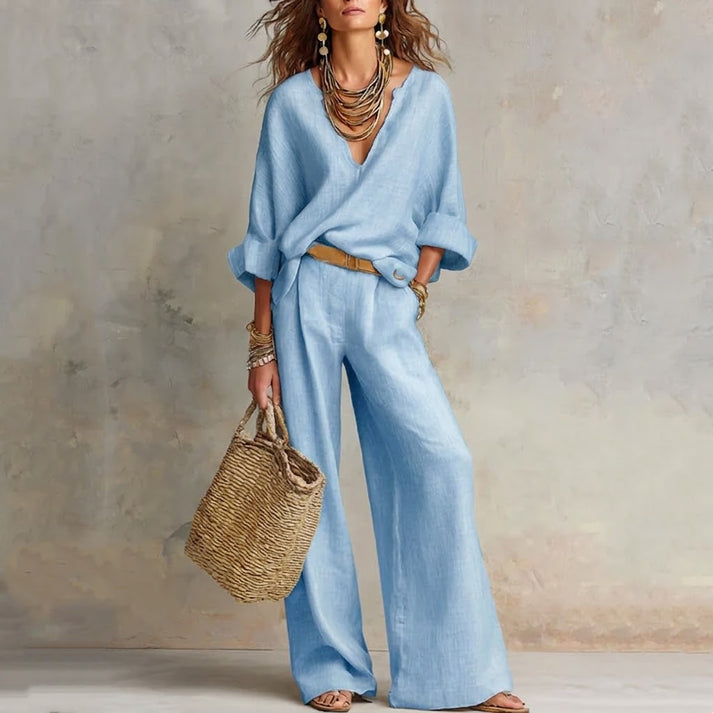 Ilaina - V Neck Wide Leg Trouser Set