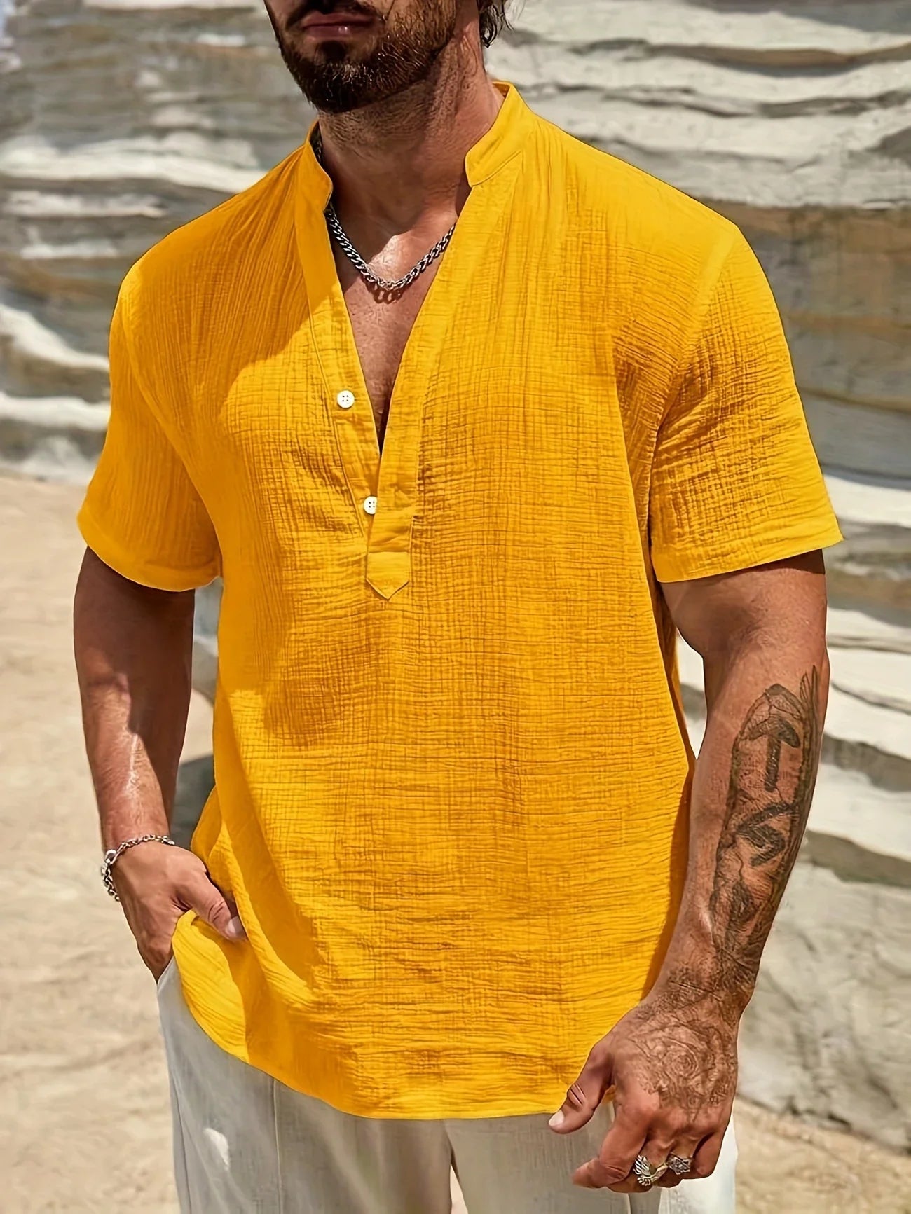 Sancho | Short Sleeve Stand Collar Henley Shirt