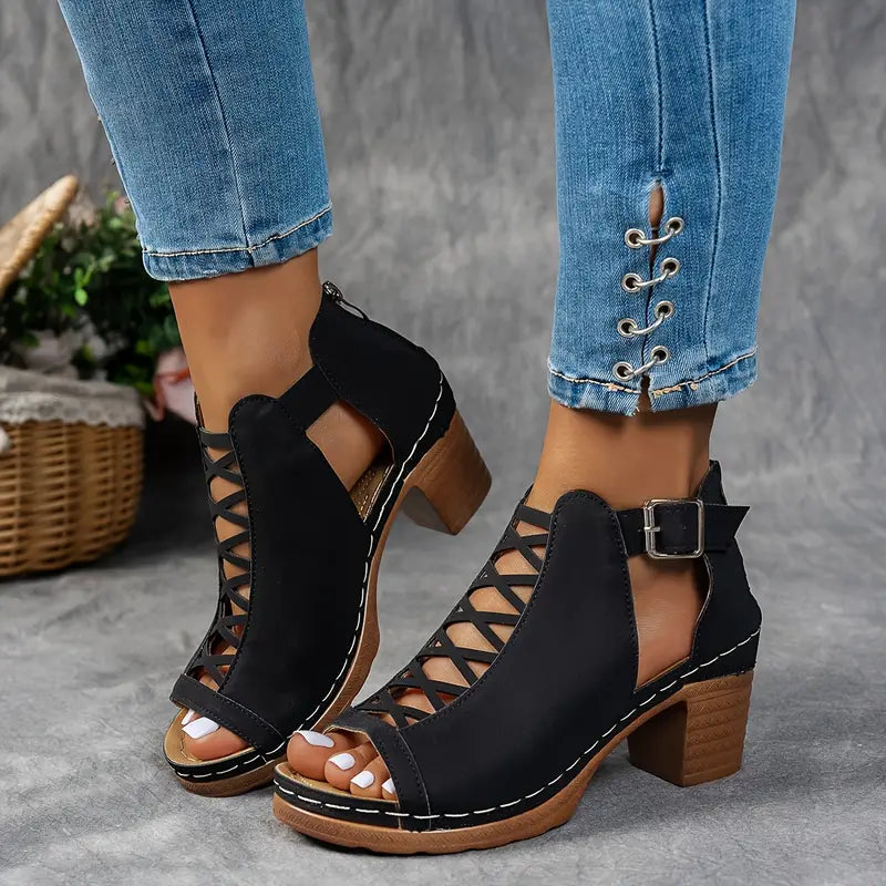 Alexia | Peep Toe Cutout Block Heel Sandals