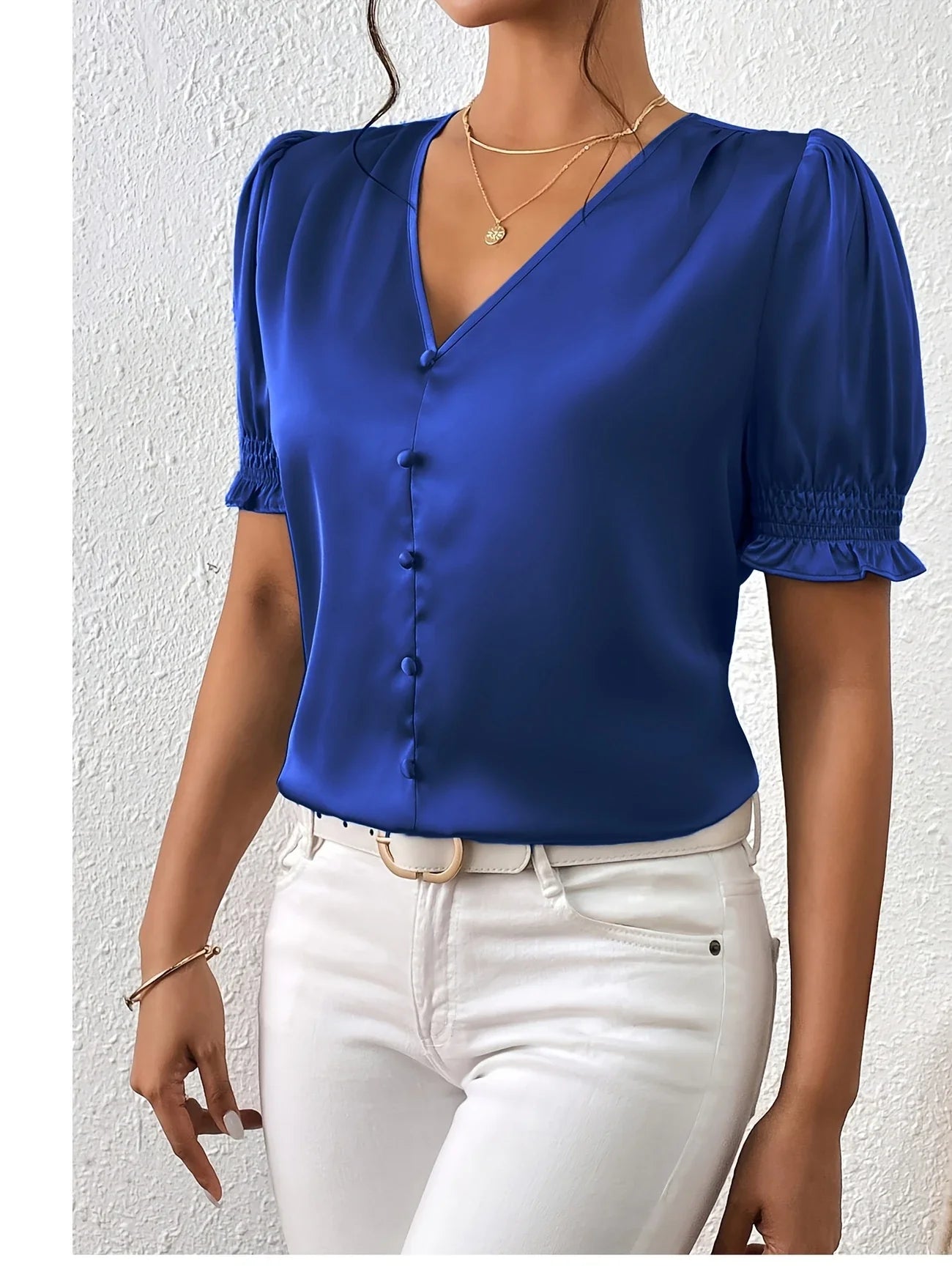 Abella | V-Neck Puff Sleeve Button Blouse