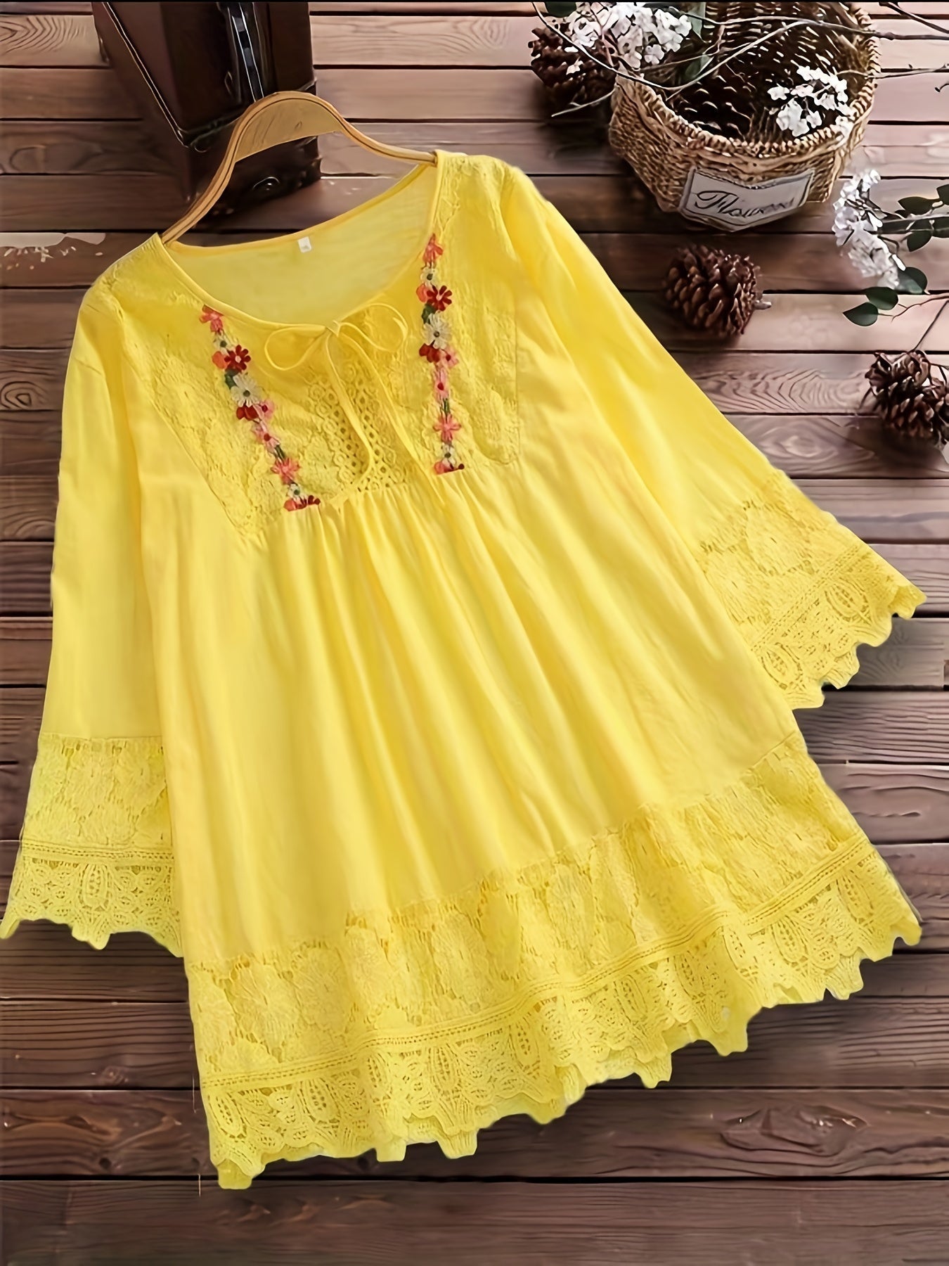 Esmeralda | Embroidered Lace Blouse With Tie Neck