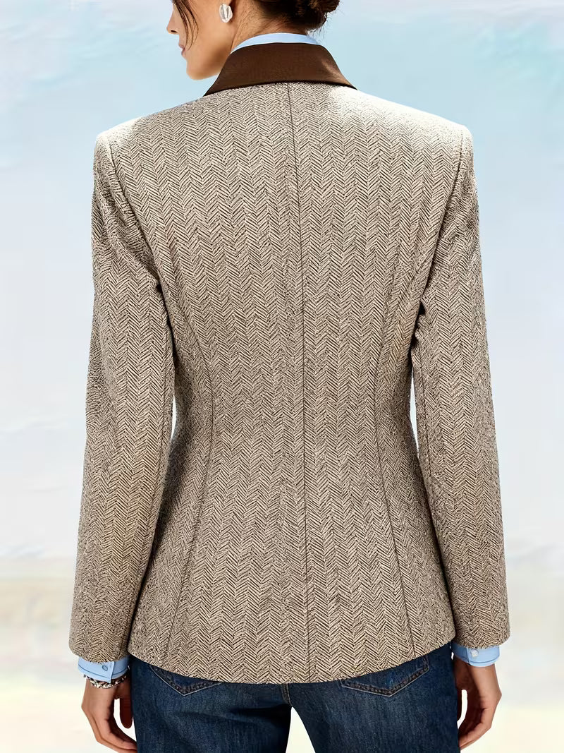 Yessica | Blazer Jacket Herringbone Notch Collar Beige