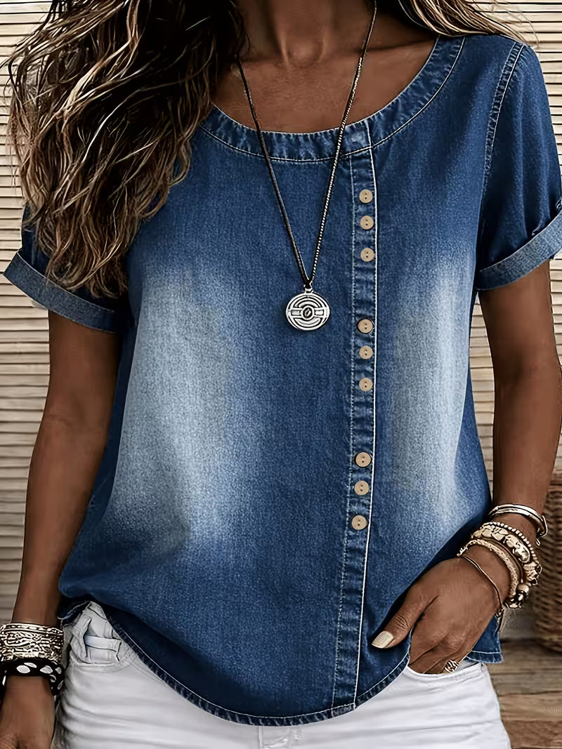 Ferina | Distressed Denim Look Short Sleeve Top