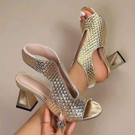 Dunnia - Peep Toe Woven Slingback Heels