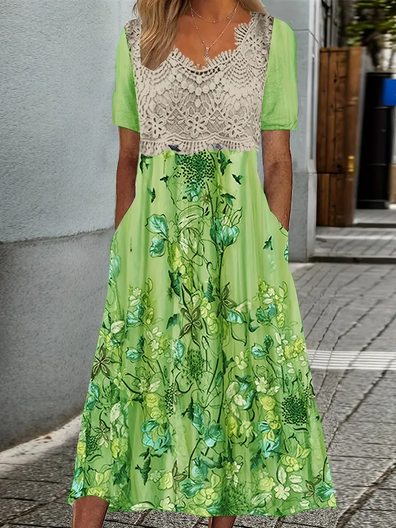 Renata | Floral Print Lace Patchwork Midi Dress