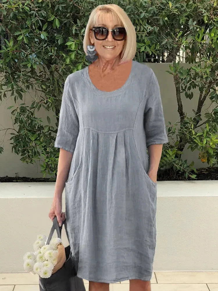Devyn | Solid Round Neck Pocket Midi Dress