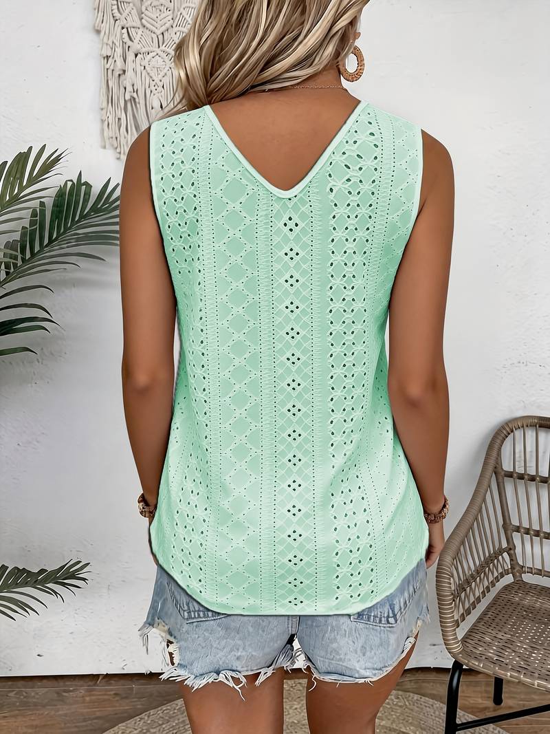 Melique | Sleeveless Eyelet V-Neck Lace Trim Top