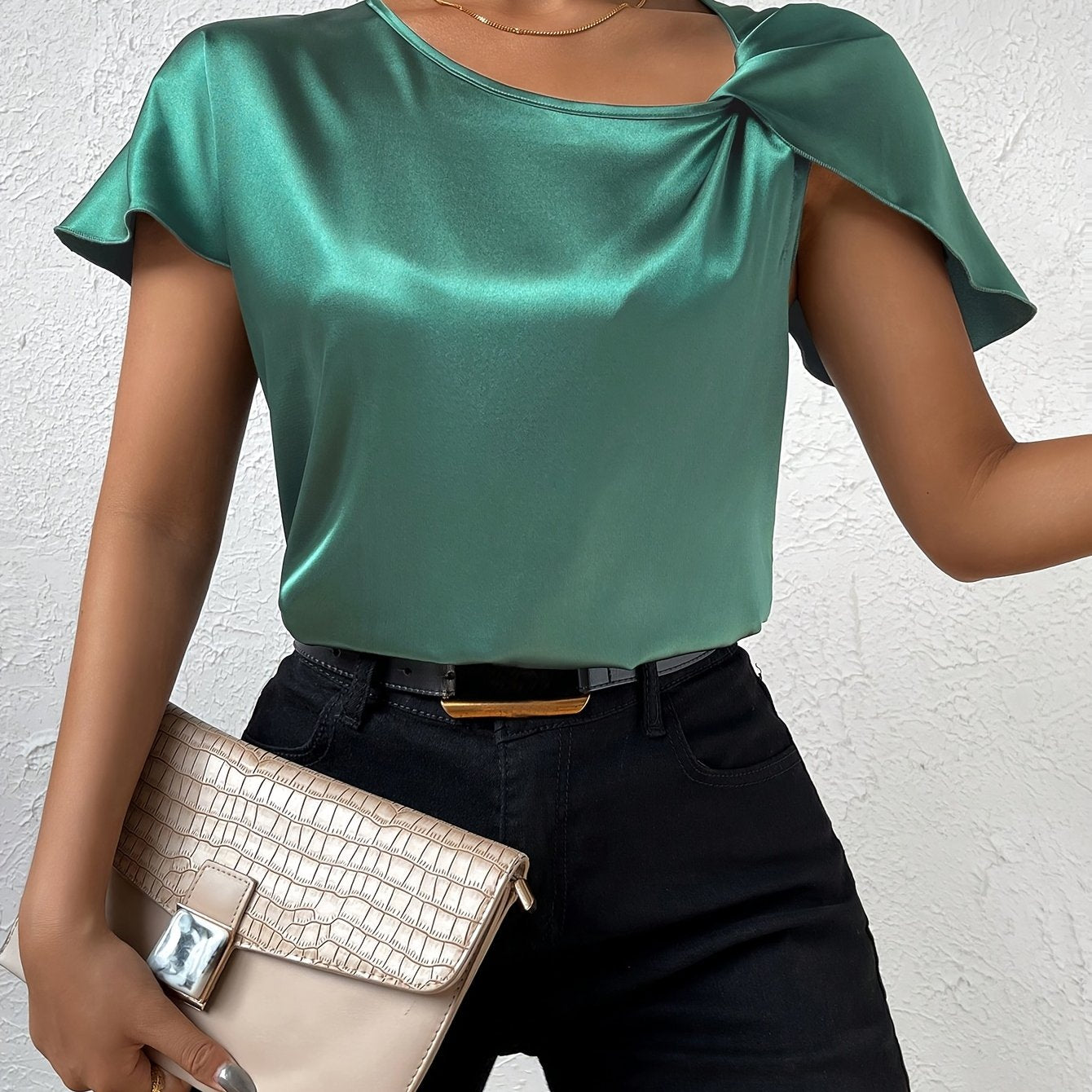 Loretta | Blouse Satin Look Draped Short Sleeve Top