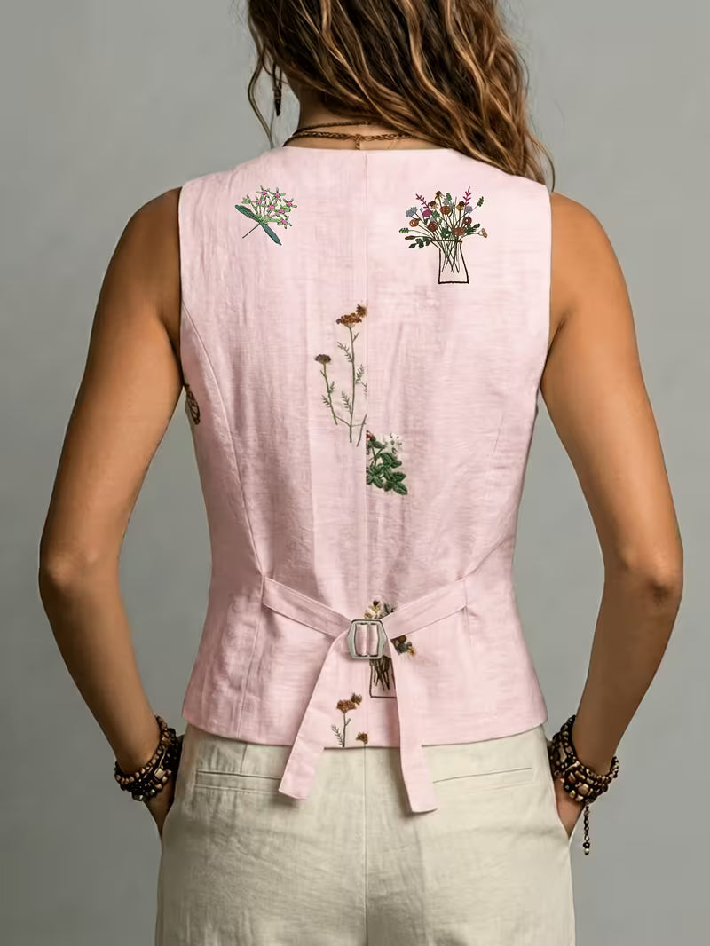 Elena | Embroidered Sleeveless Linen Vest