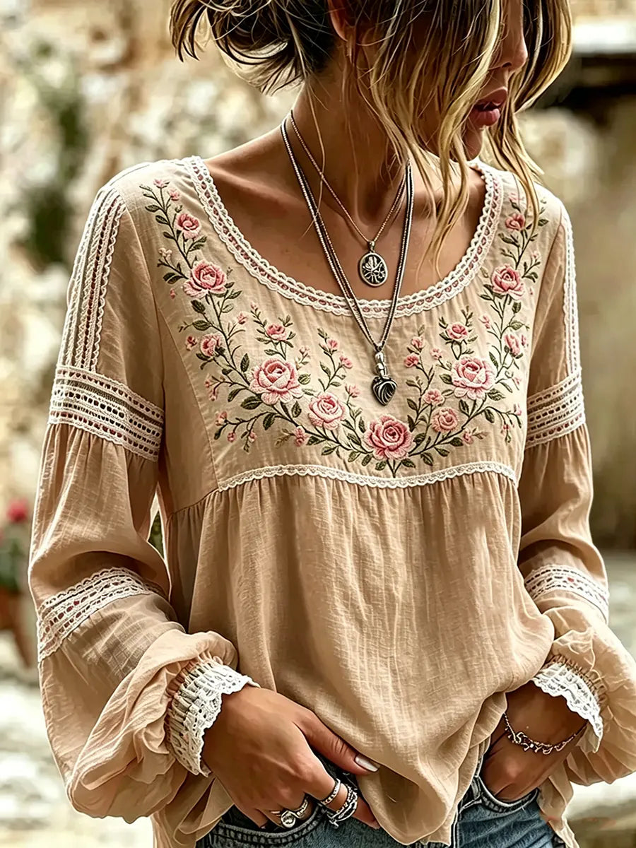 Esraa | Floral Embroidered Long Sleeve Blouse