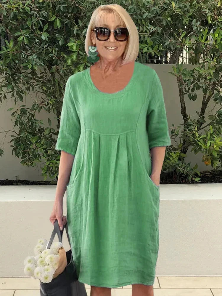 Devyn | Solid Round Neck Pocket Midi Dress