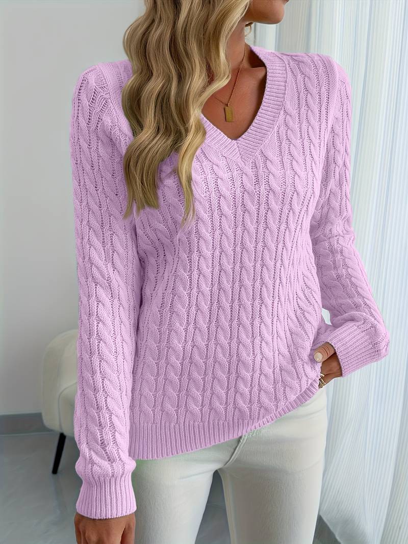 Zivah | Cable Knit V-Neck Long Sleeve Sweater