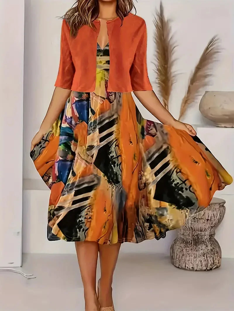 Vainoana | Abstract Print Midi Dress and Cardigan Set