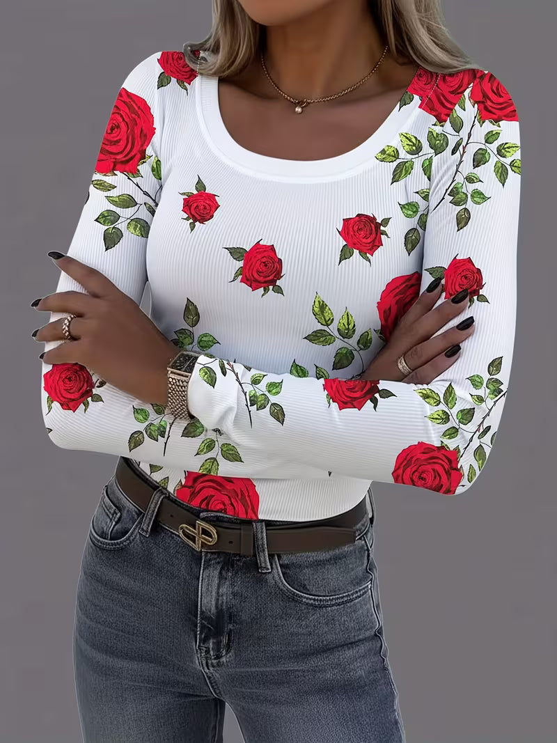 Rabiye | Long Sleeve Floral Print Ribbed Top