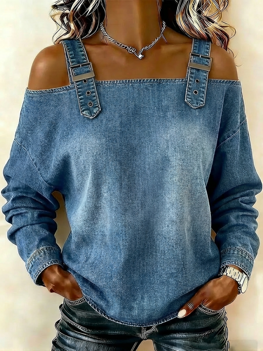 Yamara | Denim-Style Cold Shoulder Strap Top