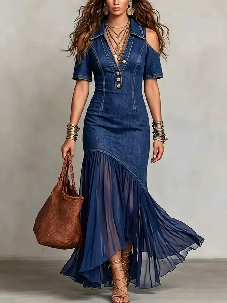 Presley | Denim Cold Shoulder Button Front Maxi Dress