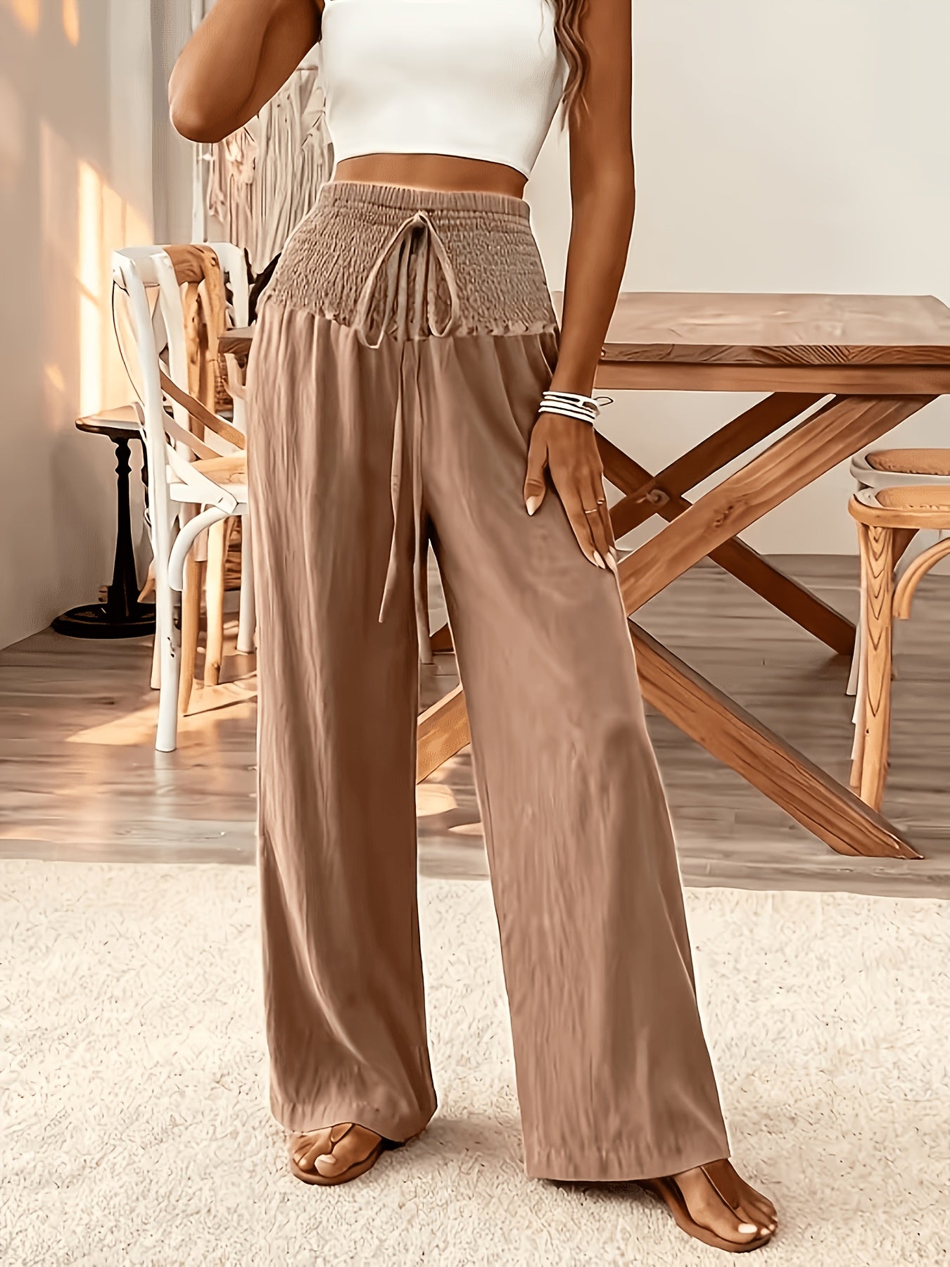 Rebeki | Pants High-Waisted Wide Leg Drawstring Smocked Waist