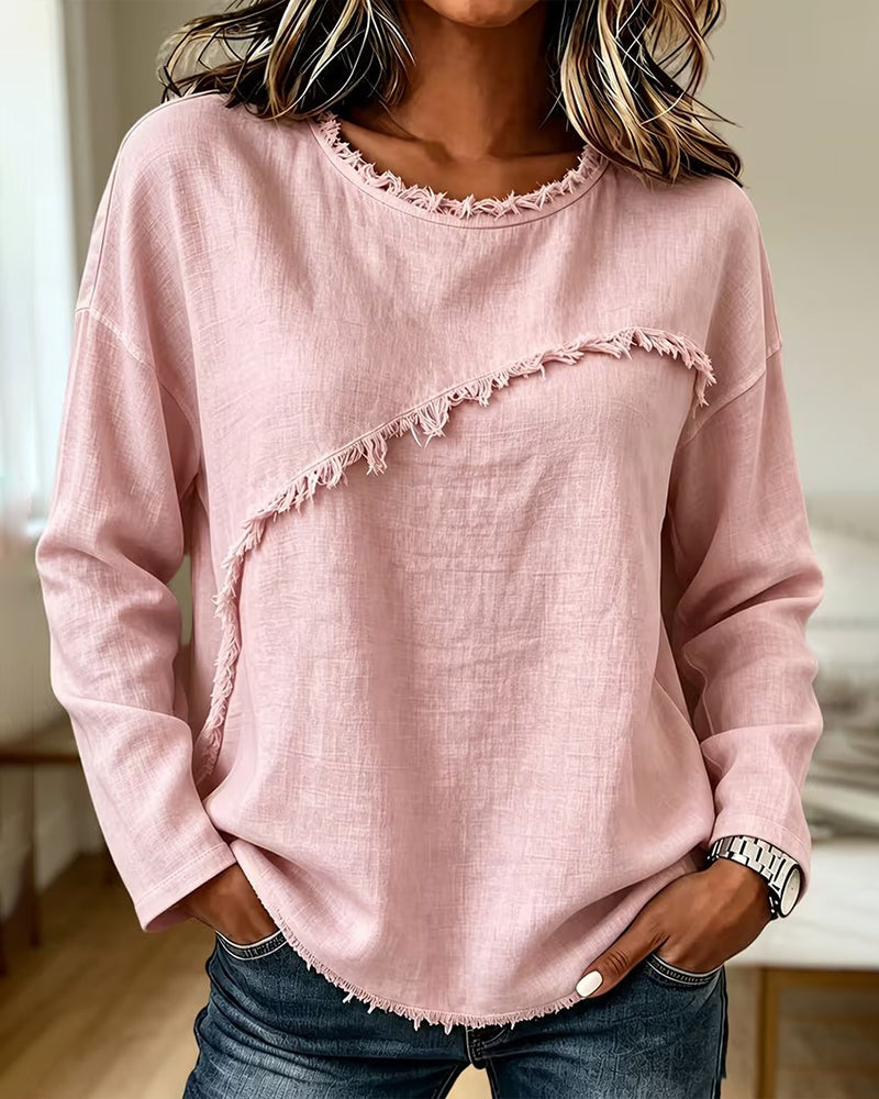 Myrtle | Blouse with Round Neck and Frayed Trim