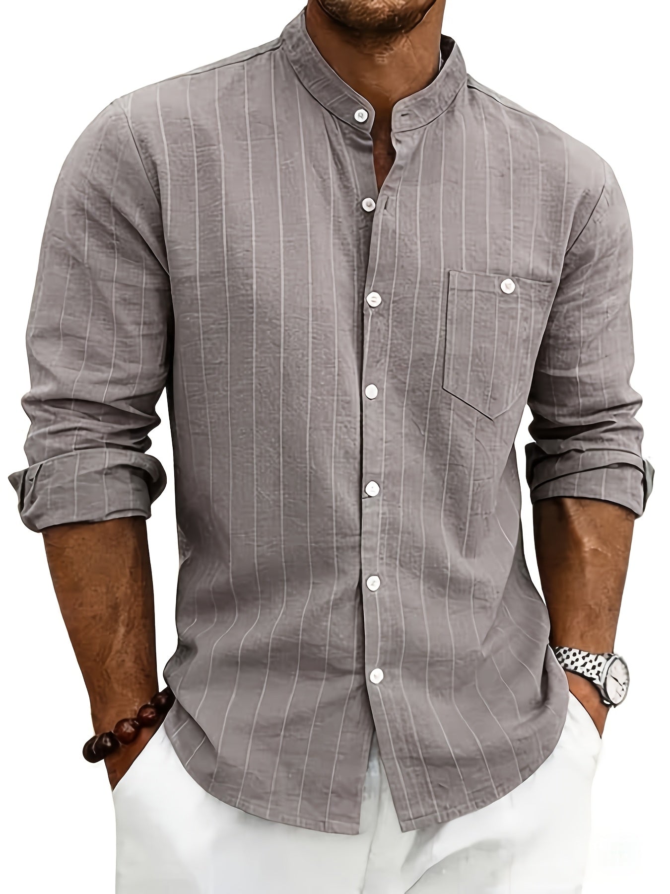 Leslie | Long Sleeve Striped Band Collar Shirt