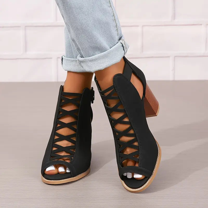 Ruzilya | Peep Toe Lace-Up Chunky Heel Sandals