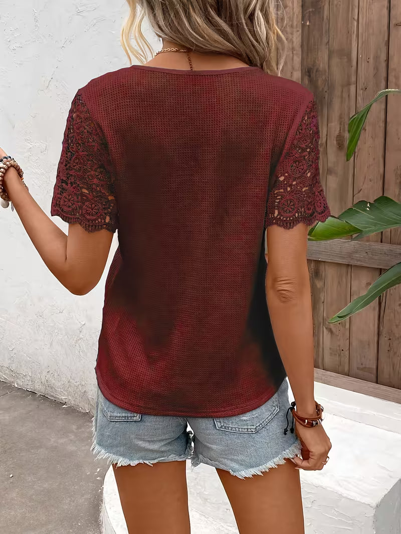Sinna | Lace Yoke Short Sleeve Henley Top