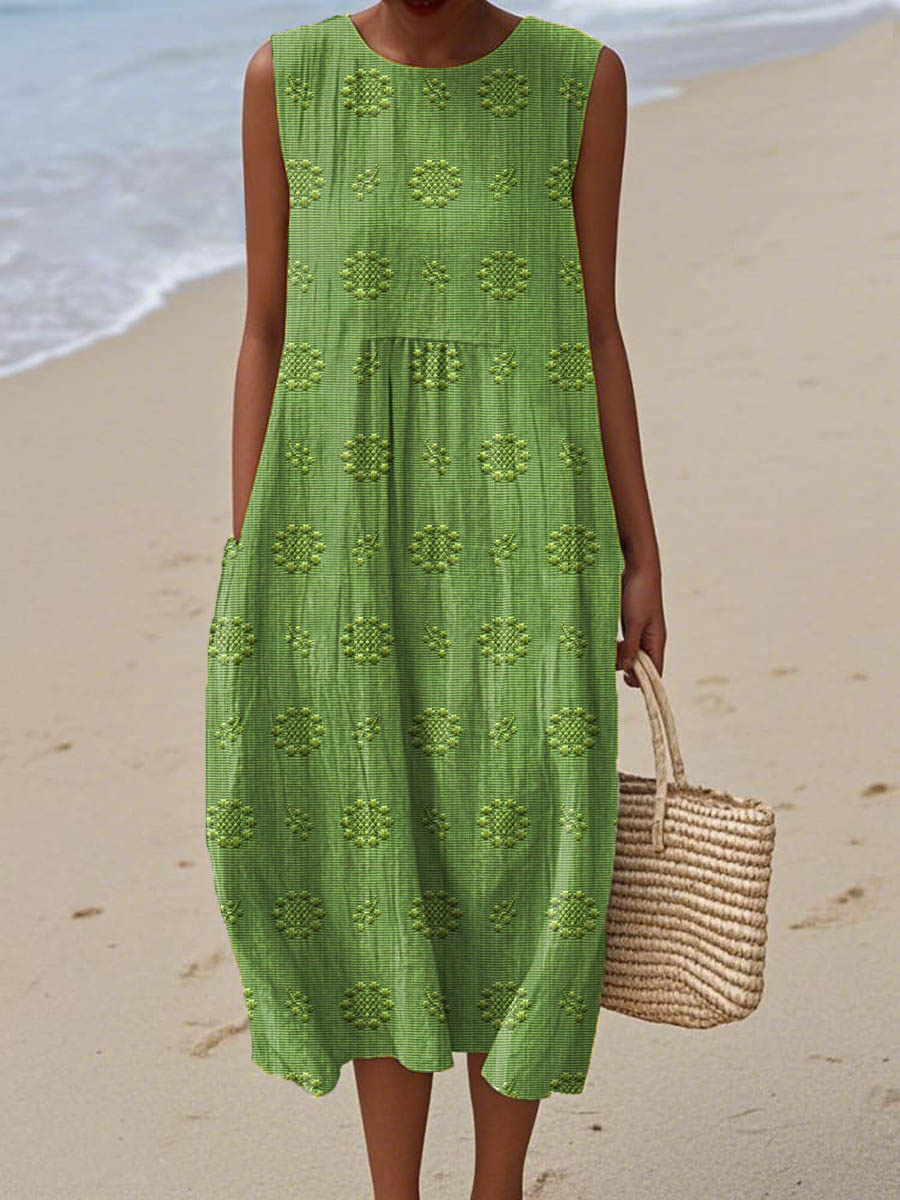 Aikaterini - Sleeveless Textured Pocket Midi Dress