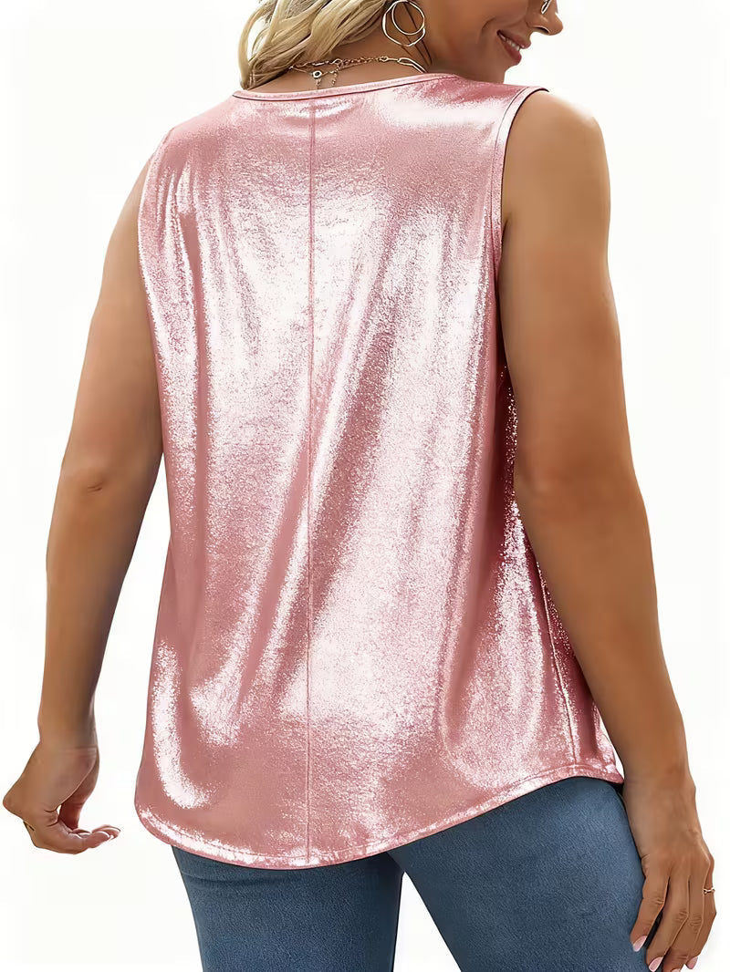 Shivina | Metallic Scoop Neck Pleated Tank Top